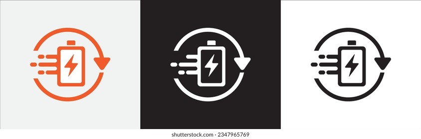 Battery icon set. Quick charge Battery charge level. battery Charging icon. Vector symbol illustration in black and white. Battery or fuel fast charging indicator icons set.