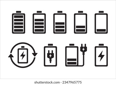 Conjunto de iconos de la batería. Carga rápida Nivel de carga de la batería. icono de carga de batería. Ilustración del símbolo vector en blanco y negro. Iconos del indicador de carga rápida de la batería o el combustible.