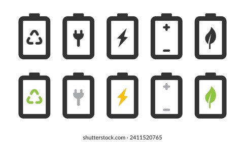 Battery icon set with battery saver mode charging and low battery indicator in black and colorful. Vector battery power icon. Vector Illustration.