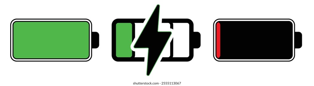 Battery icon set. showcasing low, charging, and full battery states—perfect for tech designs, apps, or presentations! Vector illustration concept