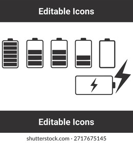 Conjunto de iconos de batería que muestra diferentes niveles de Recargo desde lleno hasta vacío y Estado de carga del rayo