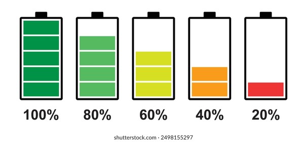 Batteriesymbolsatz. Einfaches Batteriesymbol mit Angabe des Prozentsatzes. Batteriesymbole auf weißem Hintergrund. Der Akku des Smartphones reicht von niedrig bis maximal. Vektorgrafik. EPS10