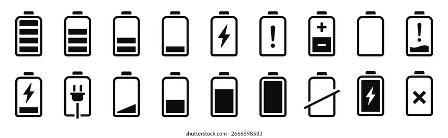 Ícone de bateria definido. Indicador de nível de bateria do smartphone. Energia, eletricidade, energia, carregador, carga - vetor de estoque.