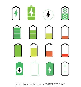 Conjunto de iconos de la batería, símbolo de la batería, indicador de Recargo, concepto de energía, iconos de vector,