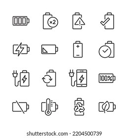 battery icon set, thin line design on white background, for web, apps, phone devices, etc