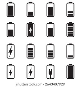 Battery Icon Set Vector – Charge, Power, and Status Symbols Collection

