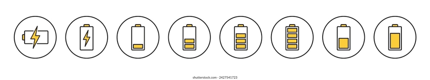 Vector de conjunto de iconos de batería. símbolo y señal de carga de batería. nivel de carga de batería