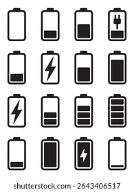 Battery Icon Set Vector – Charging and Power Level UI Symbols Collection
