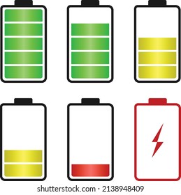 Battery icon set vector. Battery with energy level indicator set.