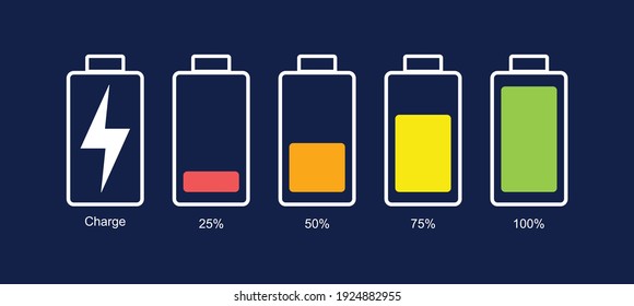 Conjunto de iconos de la batería. Ilustración vectorial. Teléfono inteligente con batería descargada y totalmente cargada. Conjunto de indicadores de nivel de carga de la batería. Icono aislado en fondo negro. Gráfico informativo vectorial.