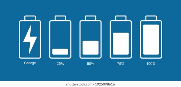 Conjunto de iconos de la batería. Ilustración vectorial. Teléfono inteligente con batería descargada y totalmente cargada. Conjunto de indicadores de nivel de carga de la batería. Icono aislado en fondo negro. Gráfico informativo vectorial.