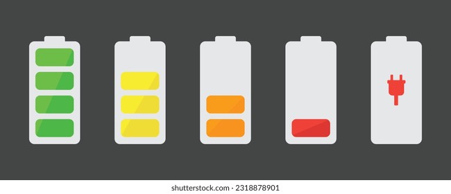 Battery icon set. Vector illustration. Discharged and fully charged battery smartphone. Set of battery charge level indicators. flat illustration