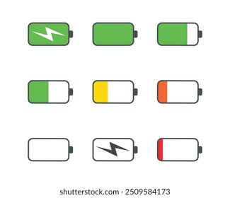 Vektorgrafik mit Batteriesymbolen. 
Batterieladezeichen und -symbol, Batterieladestand. Battery Full Charge Anzeige oder Low Charge Zeichen. 