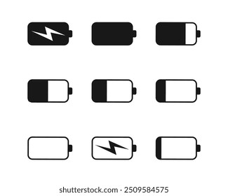 Battery icon set vector illustration. 
Battery charging sign and symbol, battery charge level. Battery Full charge indicator or low charge sign. 