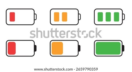 Battery icon set vector illustration, battery charging sign and symbol, battery charge level. Battery icons set for your design. Vector EPS 10 