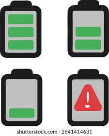 Battery icon set which includes filled, warning, empty, and charging indicators in green and red.