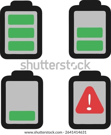 Battery icon set which includes filled, warning, empty, and charging indicators in green and red.