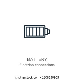 Battery icon. Thin linear battery outline icon isolated on white background from electrian connections collection. Line vector sign, symbol for web and mobile