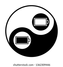 Battery icon. Vector. Black and white icon inside circles of yin and yang symbol at white background.