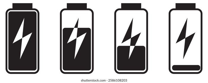 Battery icon vector collection. Battery charge indicator or level full, low, percent, plug-in, empty, charging battery energy silhouette icon.