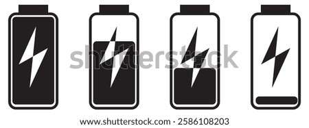 Battery icon vector collection. Battery charge indicator or level full, low, percent, plug-in, empty, charging battery energy silhouette icon.