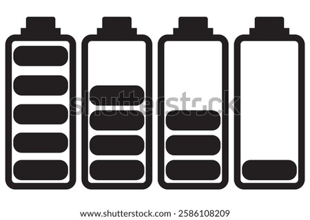 Battery icon vector collection. Battery charge indicator or level full, low, percent, plug-in, empty, charging battery energy silhouette icon.