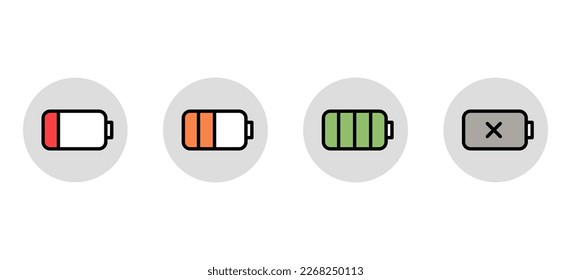 Battery icon vector colorful. Full to empty icon. Set of four icons on a white background.