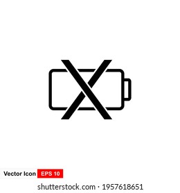 Battery icon vector with a cross to indicate that the battery is empty, the charger is not charging, no battery is detected. 