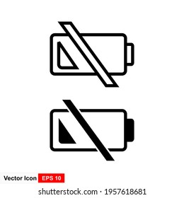 Battery icon vector with a cross to indicate that the battery is empty, the charger is not charging, no battery is detected. 
