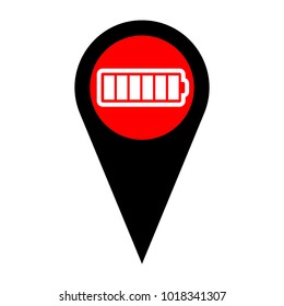 Battery icon. Vector. Flat white icon in red circle at black marker on white background. Isolated.