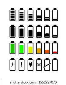 Battery icon. Vector illustration of battery status. Smartphone UI symbols.