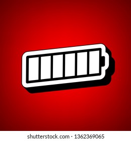 Battery icon. Vector. Perspective view of white icon with black outline at reddish background.