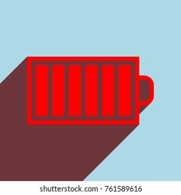 Battery icon. Vector. Red flat icon with infinte wine shadow to left down corner at sky background.