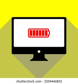 Battery icon. Vector. Red icon on white monitor of black all-in-one desktop computer with two shadows at yellow background.