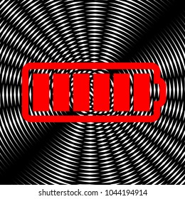 Battery icon. Vector. Red icon on white and black radial interference as background.