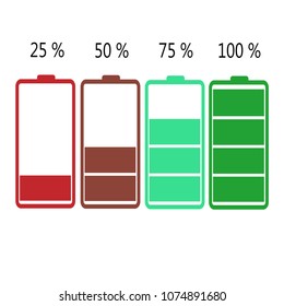 Battery icon vector set isolated on white background. Symbols of battery charge level, full and low. The degree of battery power flat vector illustration.
