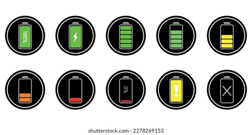 Battery icon vector set isolated on white background. Symbols of battery charge level, full and low. The degree of battery power flat vector illustration.