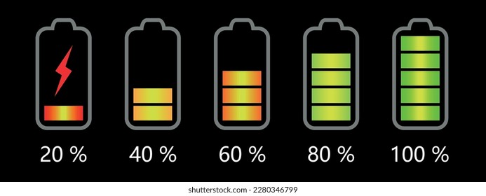 Battery icon vector set isolated on black background. Symbols of battery charge level, full and low. The degree of battery power flat vector illustration.