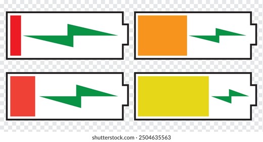 Battery icon vector set isolated on white background. Symbols of battery charge level, full and low. The degree of battery power flat vector illustration. EPS 10.