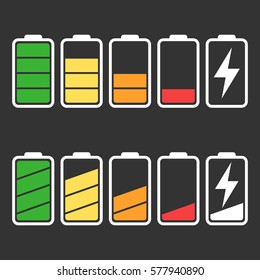 Battery icon vector set isolated on black background. Symbols of battery charge level, full and low. The degree of battery power flat vector illustration.