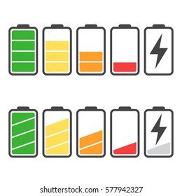 Battery icon vector set isolated on white background. Symbols of battery charge level, full and low. The degree of battery power flat vector illustration.