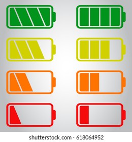 Battery icon vector set isolated on gray background. Symbols of battery charge level, full and low. The degree of battery power flat vector illustration.