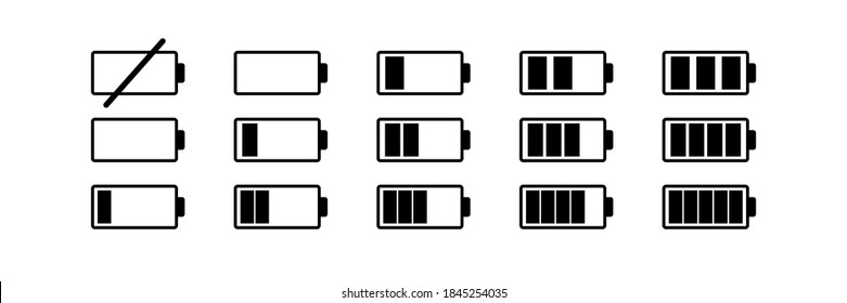 Battery icon vector set. Battery level indicator full, half, empty. Charge energy load vector symbol. Illustration white background.