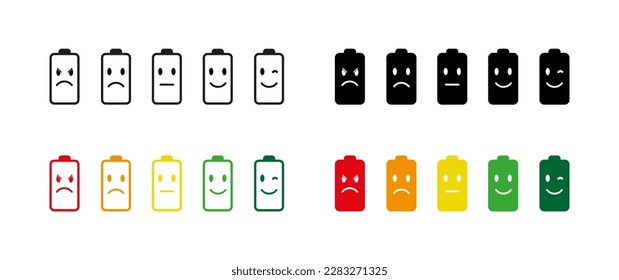 Battery icon vector set. Battery level emoji or smiley faces icons. Battery emoticon icon. Level battery energy.   Vector illustration   