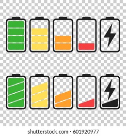 Battery icon vector set on isolated background. Symbols of battery charge level, full and low. The degree of battery power flat vector illustration.