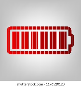 Battery icon. Vector. Vertically divided icon with colors from reddish gradient in gray background with light in center.