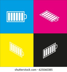 Battery icon. Vector. White icon with isometric projections on cyan, magenta, yellow and black backgrounds.