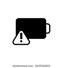 Icono de la batería con la señal de advertencia, estilo plano simple, ilustración, Plantilla del pictograma del símbolo de la muestra del logotipo, para UI o UX aislado en blanco para el App móvil, editable
