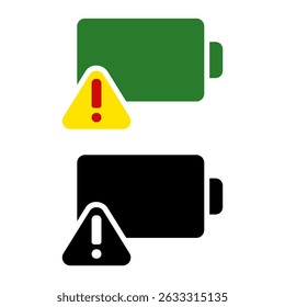 battery icon with warning sign, simple flat style, illustration, logo sign symbol pictogram template, for ui or ux isolated on white for mobile app, editable