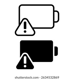 battery icon with warning sign, simple flat style, illustration, logo sign symbol pictogram template, for ui or ux isolated on white for mobile app, editable